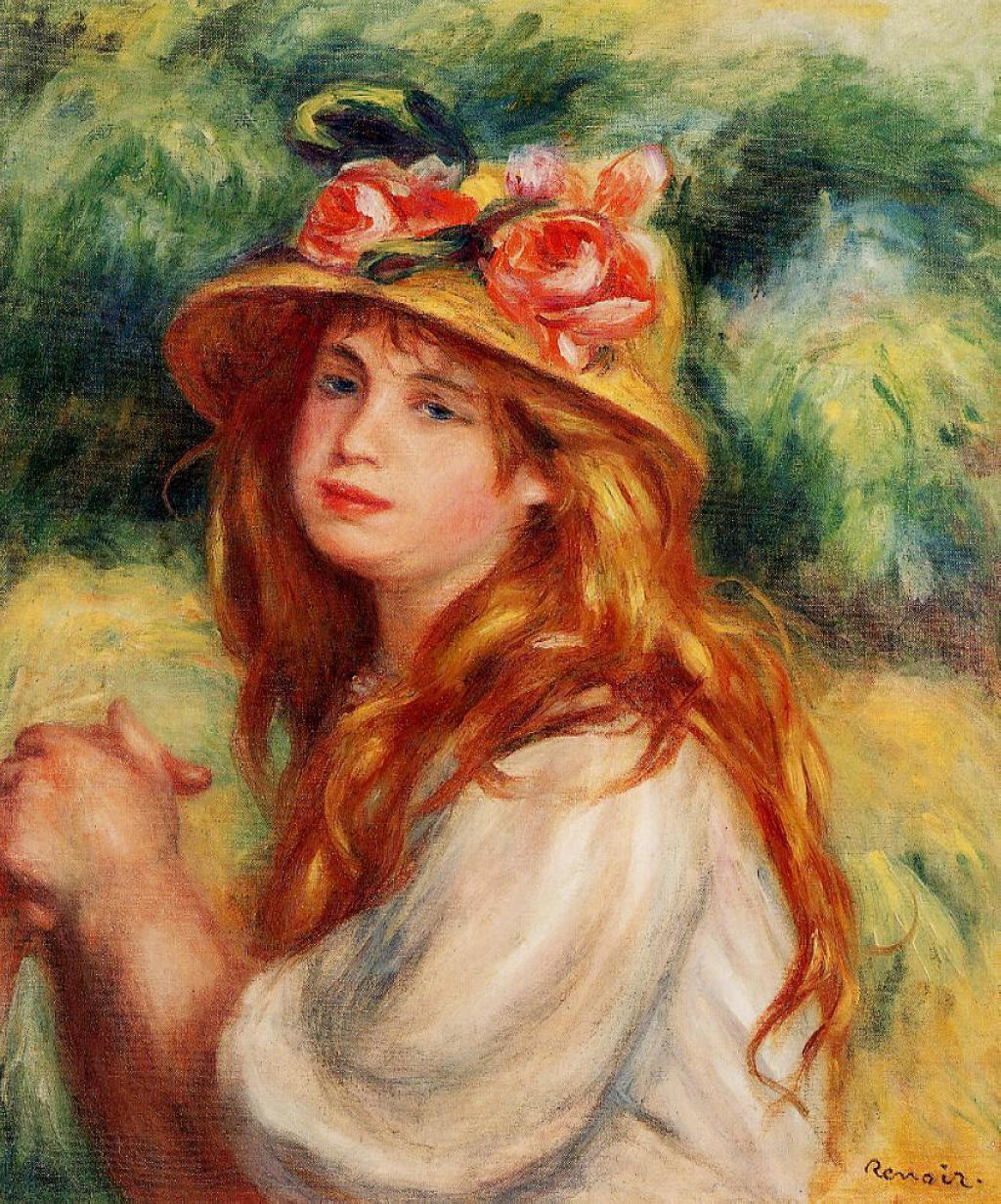 Blond in a Straw Hat(Seated Girl) - Pierre-Auguste Renoir painting on canvas